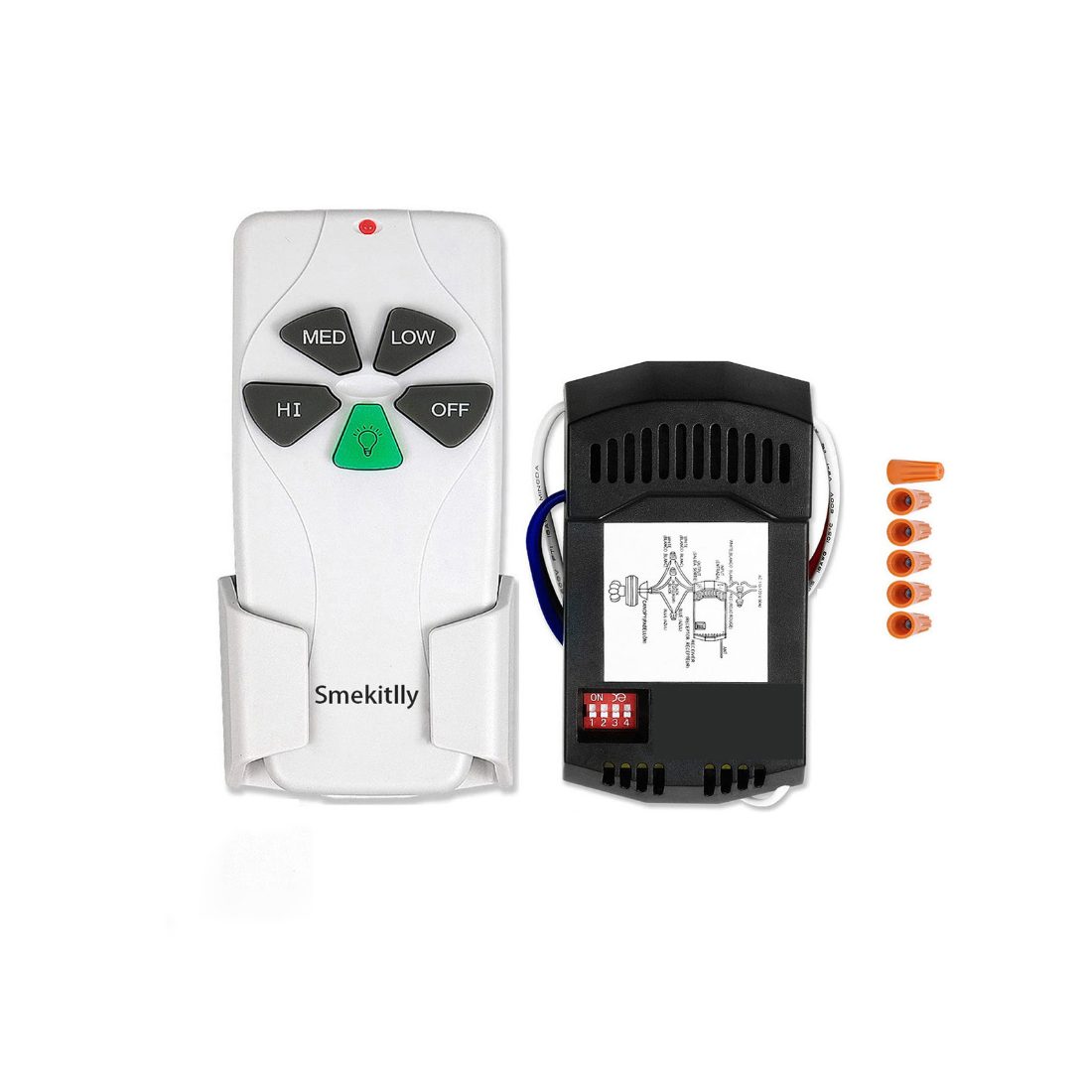 Smekitlly FAN-TT53 ceiling fan remote kit: the 53T handheld remote in its wall cradle, the FAN28R in-canopy receiver, and five wire connecting nuts.